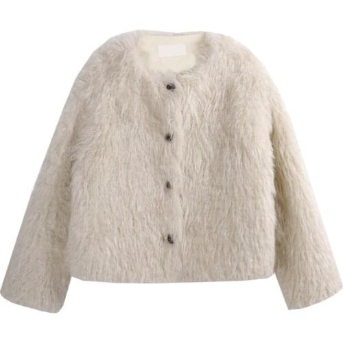 Autumn Winter Women Lamb Hair Short Coat Ladies Warm Round Neck Short Faux Fur Jacket Teddy Coat Furry Woman Coat