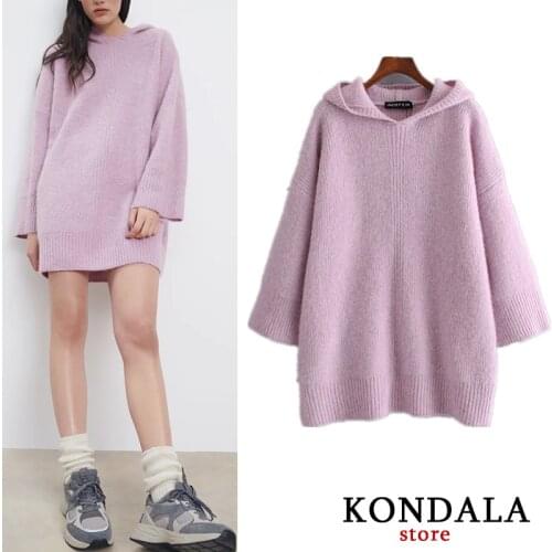 KONDALA Za 2020 Women Sweater Dress Hooded Oversized Cotton Knitted Mini Dress Long Sleeve Winter Warm Loose Sweatshirt Vestidos