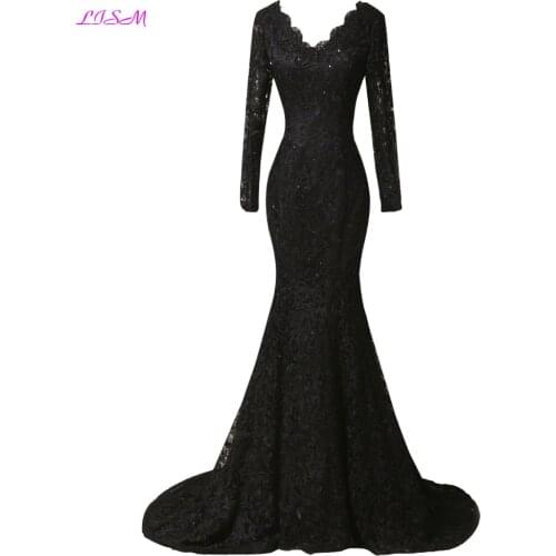 Black Lace Evening Dresses V-Neck Long Sleeves Prom Party Gowns Real Photos Appliques Beaded Formal Dress Robe de soiree