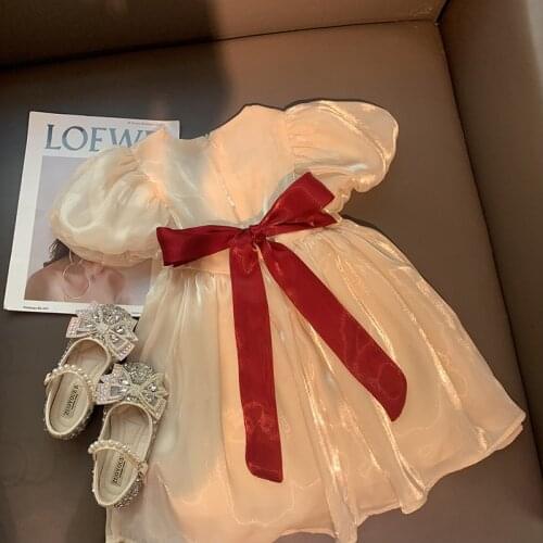 Kids GIrls Lace Bow Dress 2021 New Summer Chiffon Dress Children Puff Sleeve Beach Dress Pink Blue Princess Clothing For 12M-7Y
