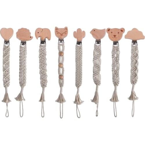 Baby Teething Soother Beech Wood Clip Cotton Rope Crochet Pacifier Chain DIY Dummy Nipple Holder Leash Strap