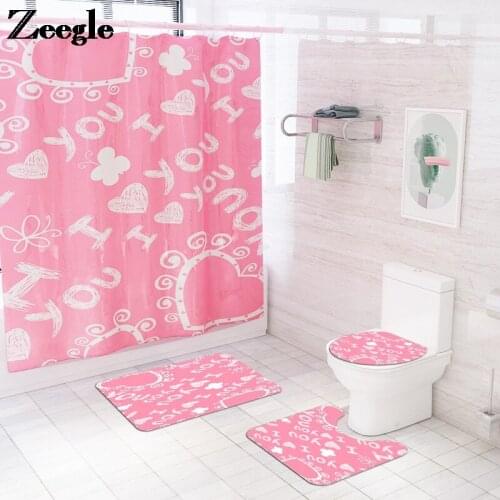 Valentines Day Home Decor Bath Mat and Shower Curtain Set Bathroom Mat Set with Polyester Waterproof Shower Curtain Toilet Rug