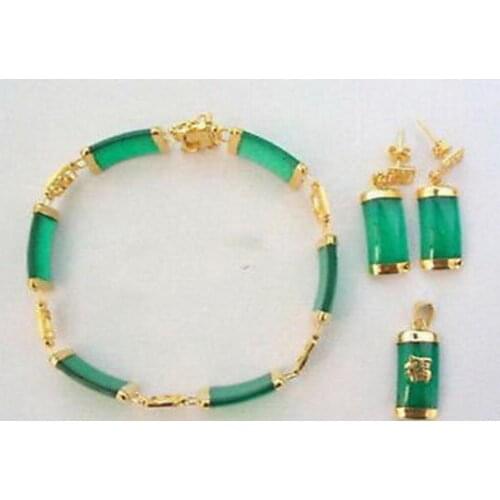 Hot sell new - Green Jade 18KGP Fortune Pendant Necklace Bracelet Earrings Set18K gold plated watch wholesale Qua