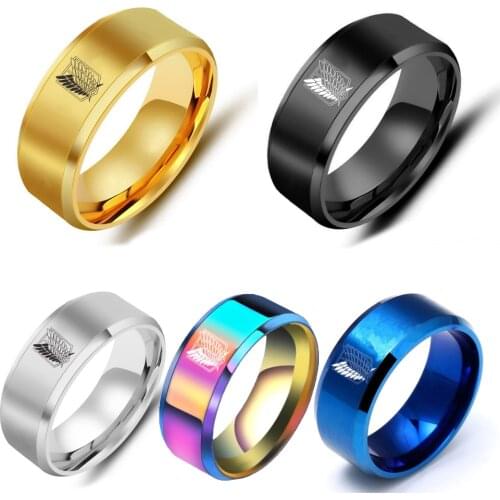 AsJerlya Anime Attack On Titan Black Gold Stainless Steel Ring Wings Of Liberty Flag Finger Ring For Men Women Jewelry Fans Gift