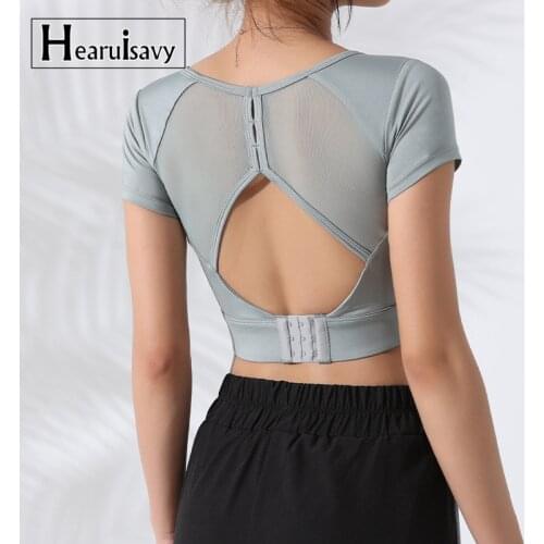 With Pad Yarn Patchwork Yoga Crop Tops Women Gym Fitness Running Short Sleeve Sport T Shirts Female Tight Dance Clothing