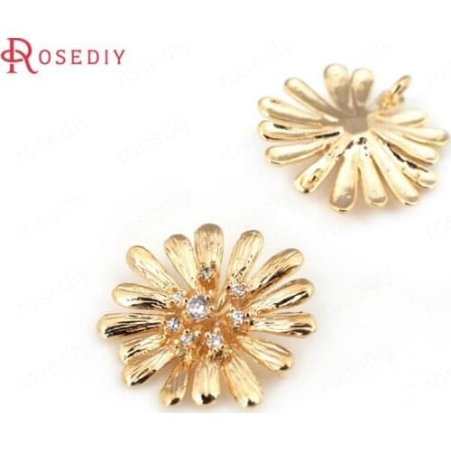 4PCS 18MM 24K Champagne Gold Color Plated Brass with Zircon 2 holes Daisy Charms Pendants High Quality Diy Jewelry Accessories