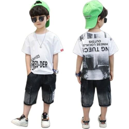 Summer short jeans for boys 2pcs/set 2-13Y kids shorts teenage fashion outwear streetwear sport clothes baby boys t-shirt jacket