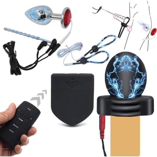 Wireless Remote Electric Shock Glans Trainer Massage Cup Medical E-Stim Anal Plug Urethral Catheter Penis Ring SM Male Sex Toys