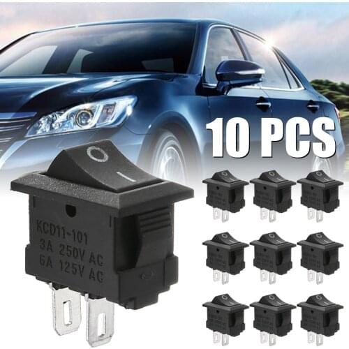 10pcs 2 Pin ON/OFF SPST Mini Rocker Switch Black Snap in Switches Button AC 250V 3A / 125V 6A 10*15mm for Car Boat