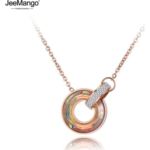 JeeMango Titanium Stainless Steel Double Circle Clay CZ Crystal Choker Necklace Bohemia Pendant Chain Necklace For Women JN19060