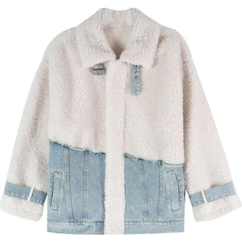 PERHAPS U Women Faux Fur Denim Patchwork Coat Outwear Zipper Warm Thick Turn Down Collar Pocket C0382