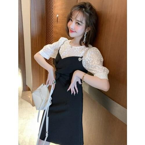 Round collar short sleeve shirt + kink condole belt dress two-piece jacquard perspective female amoi