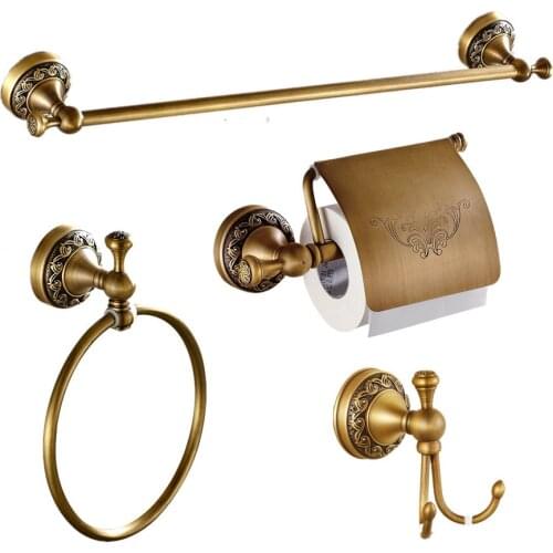 Antique Solid Brass Brushed European Carved Bath Accessories Set 4 Pieces (towel Ring Hook Paper Holder Towel Rack)