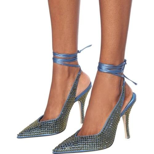 Glitter Crystal Embellished Lace-up Shoes Pointed Toe Ankle Wrap Pumps Shallow Cut-out Deep V Front Party Dress Shoe Customized