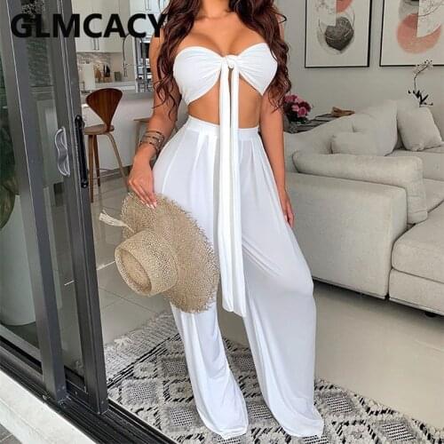 Women Two Piece Sexy Suits Tied Front Tube Top and Wide Leg Pants Set