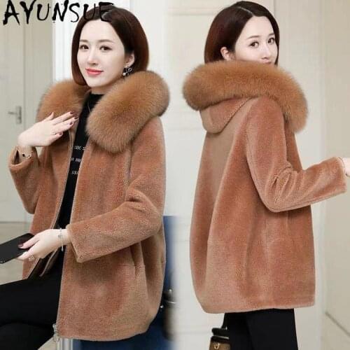 AYUNSUE Sheep Shearling Fur Coat Women Winter 2021 Hooded Real Fox Fur Collar Coats Female Warm Jackets Jaqueta Feminina Gxy209