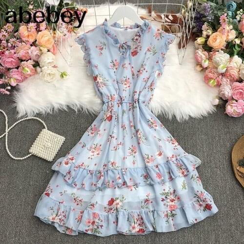 2021 New Summer Women Sweet All-match V-neck Ruffles sleeveless Dress ruched slim print floral Dress