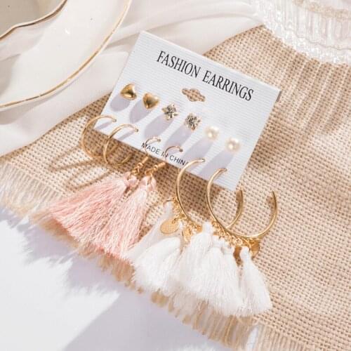6pairs/set Simple Fashion Love Heart Zircon Pearl Circle Tassel Earrings Women Trendy Personality Party Statement Earrings
