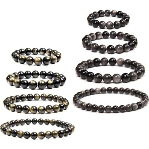 Men Stretch Bracelets Gold/Silver Color Obsidian Bracelet Healing Balance 6/8/10/12 mm Polished Stone Beads Bangle Women Jewelry