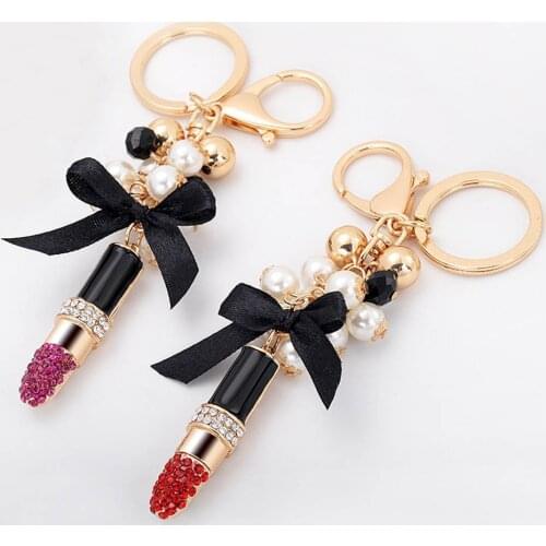 Fashion Rhinestone Lipstick Pendant Keychain Metal Pearl Bow Women Backpack Bag Decor Key Ring Jewelry Gifts
