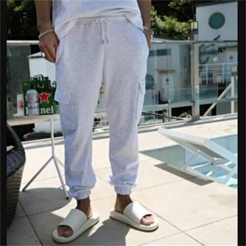 2021 fashion brand mens new pure color lace up hem fashion cotton casual pants straight high elastic pants