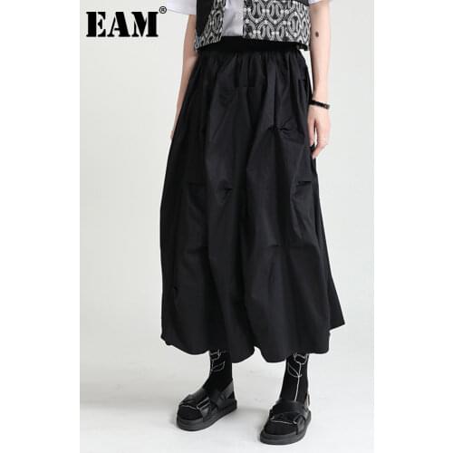 [EAM] Black Casual Irregular Ruched High Elastic Waist Midi Half-body Skirt Women Fashion Tide New Spring Summer 2021 1DD8525
