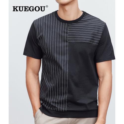 KUEGOU 100% Cotton Clothing Mens T-shirt Short Sleeve Fashion Striped Patchwork Tshirt Summer High Quality Top Plus Size 90063