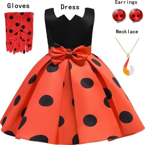 Carnival girls New Red bug birthday Party Dress gloves Retro Costume Kids Girl Clothes Moana Halloween Cosplay Dress Earrings