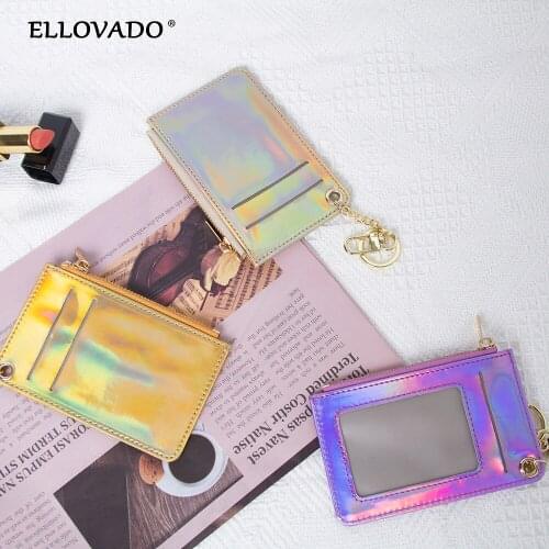 PU Leather Credit Card Bag Purse With Keychain Fashion Mini Colorful Laser Color Zipper Pocket Coin Cash Bus Card Organizer