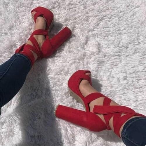 New Arrivals Red Suede Lace-up Square Heel Sandals Peep Toe High Platform Cross Strap Ladies Dress Shoes Cut-out Gladiator Shoes