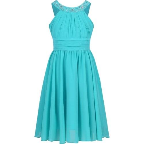 4-14Y Kids Girls Rhinestone Halter Neck Chiffon Dresses Children Teenager Wedding Birthday Party Princess Dress for Summer