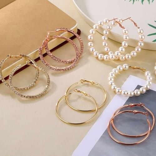 FNIO Simple Gold Color Metal Pearl Hoop Earrings For Women Girls Big Circle Crystal Rhinestone Earings 2020 Fashion Jewelry