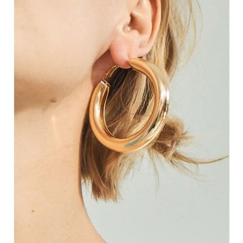 SRCOI 50 MM Big Gold Hoops Earrings Minimalist Thick Tube Round Circle Rings Earrings For Women Zinc Alloy Trendy Hiphop Rock