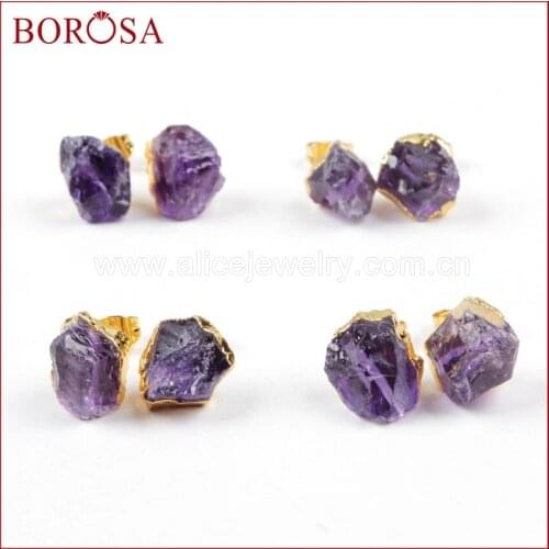 BOROSA 10pcs New Natural Free Shipping Raw Purple Crystal Gold Color Earrings G1151 Druzy Fashion Drusy Earrings
