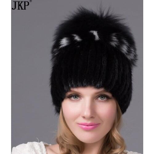 JKP Womens Fur Hats Knitted Mink Fur Hat Female With Fox Fur Pompom Cap Lining Women Winter Girls Hats For Beanies