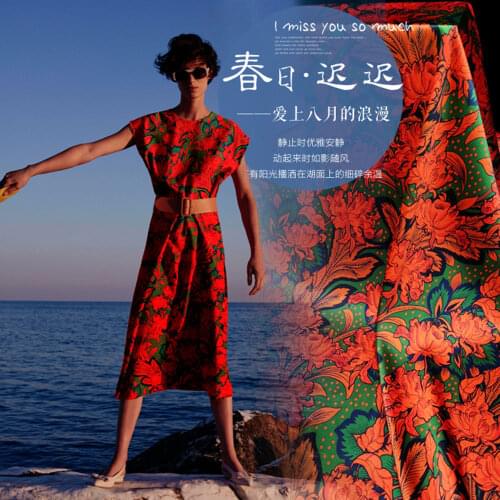 Printed silk stretch satin 19 momme In Width 120cm High Quality Digital Printing Red and Green Color