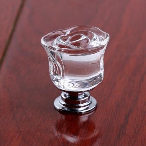 Modern fashion creative clear glass rose drawer tv cabinet knobs pulls simple silver chrome kitchen cabinet dresser door handles