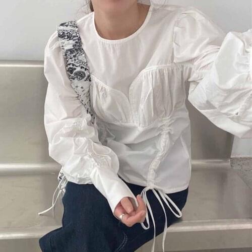 Korean Fashion Lantern Long Sleeve Blouse Women Pleated Stitching Drawstring White Shirt O Neck Women Tops Casual Blusas 16496