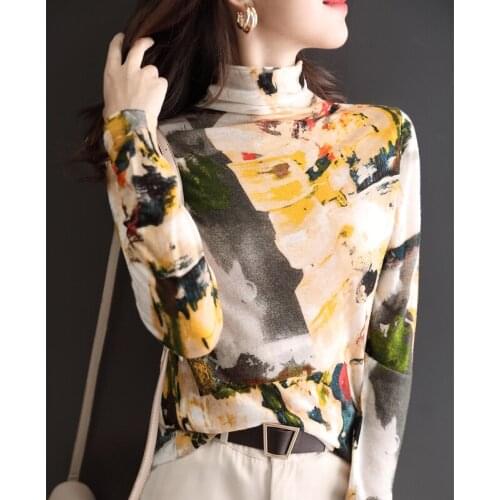 High-necked shirt womens autumn winter 2020 new thin printing long-sleeved sweater tide vintage sweater crop top women