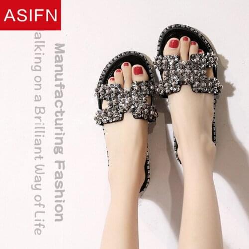 ASIFN Womens Summer Slippers Fashionable Wild Flat Sand H-type Beach Vacation Sequins Ladies Elegant Sandals Women Sandals