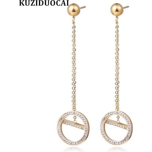 Titanium Stainless Steel Zircon Chain Dangle Circle Kuziduocai New Fashion Jewelry Statement Drop Earrings For Women Girl E-843