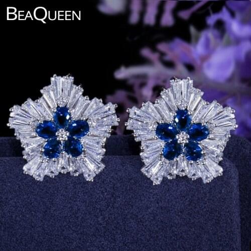 BeaQueen Fashion Ladies Jewelry White Gold Color Snow Flower Women Cubic Zirconia Stud Earrings with Royal Blue Crystal E012