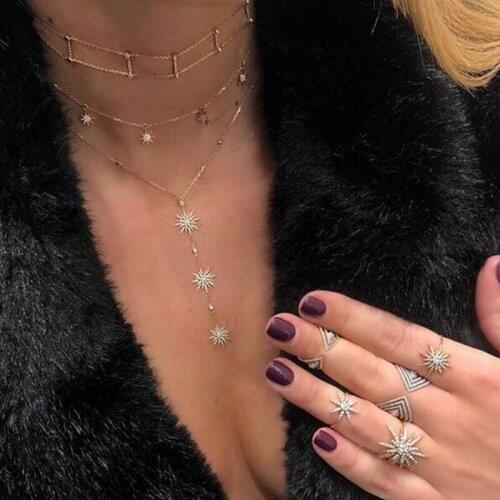 2021 High Quality Clear CZ Zircon Snowflake Long Pendant Necklace Sun Burst Star Link Chain Choker Women Fashion Sweater Jewelry