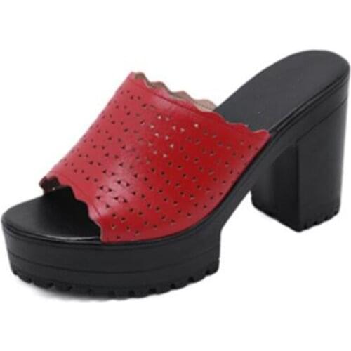 2021 New Summer Fish Mouth Slipper Hollow Genuine Leather Sandals 7 Cm 9 Cm High Heel Slippers Women Sandals Large Size 33-43