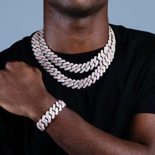 2021 Big Heavy Iced Out Bling 5A cubic zirconia Two Tone Triple Row 19MM Width Cuban Link Chain Bracelet Necklace for men boy