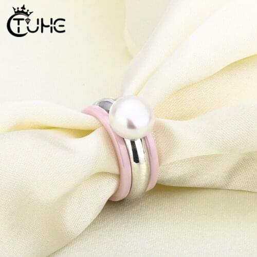 3pcs/set Pink Ceramic Rings With Big Pearl Fashion Jewelry Stainless Steel Three Layers Detachable Rings For Women Size 6 7 8 9