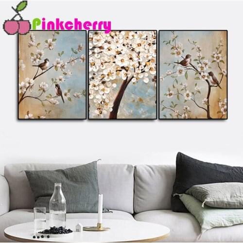 3 Pieces Chinese Style 5d DIY Diamond Painting Flower Brids Cross Stitch Diamond Embroidery 3pcs set Diamond Mosaic sticker k675