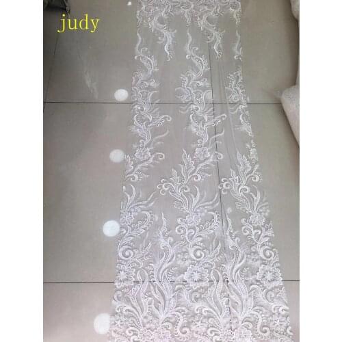 5yards White embroidery lace sequined beads fashionable European and American style fabric used for wedding dress design FH