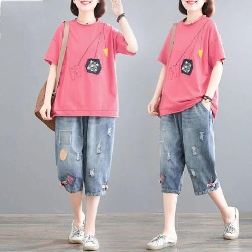 Mom Pant Suits Female 2021 Summer Korean Plus Size Sets Loose Short-Sleeved Cotton Tops+Jeans Two-Piece Set Women Shorts Sets
