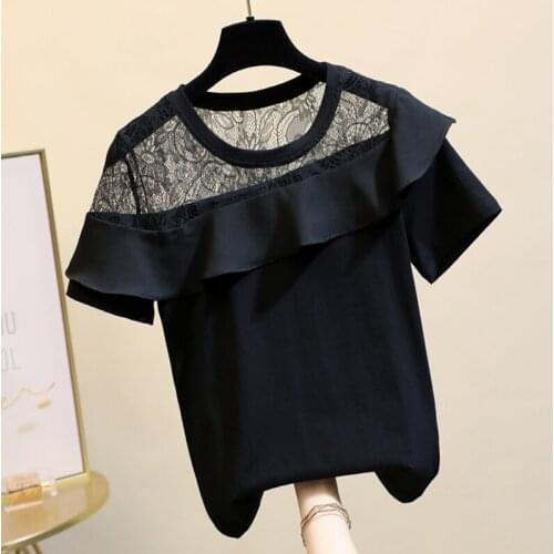 Black Lace T Shirt Woman 2020 Summer New Lace Joint Short Sleeve Flounced T-shirt Girls Ladies All-match Tops Ropa De Mujer